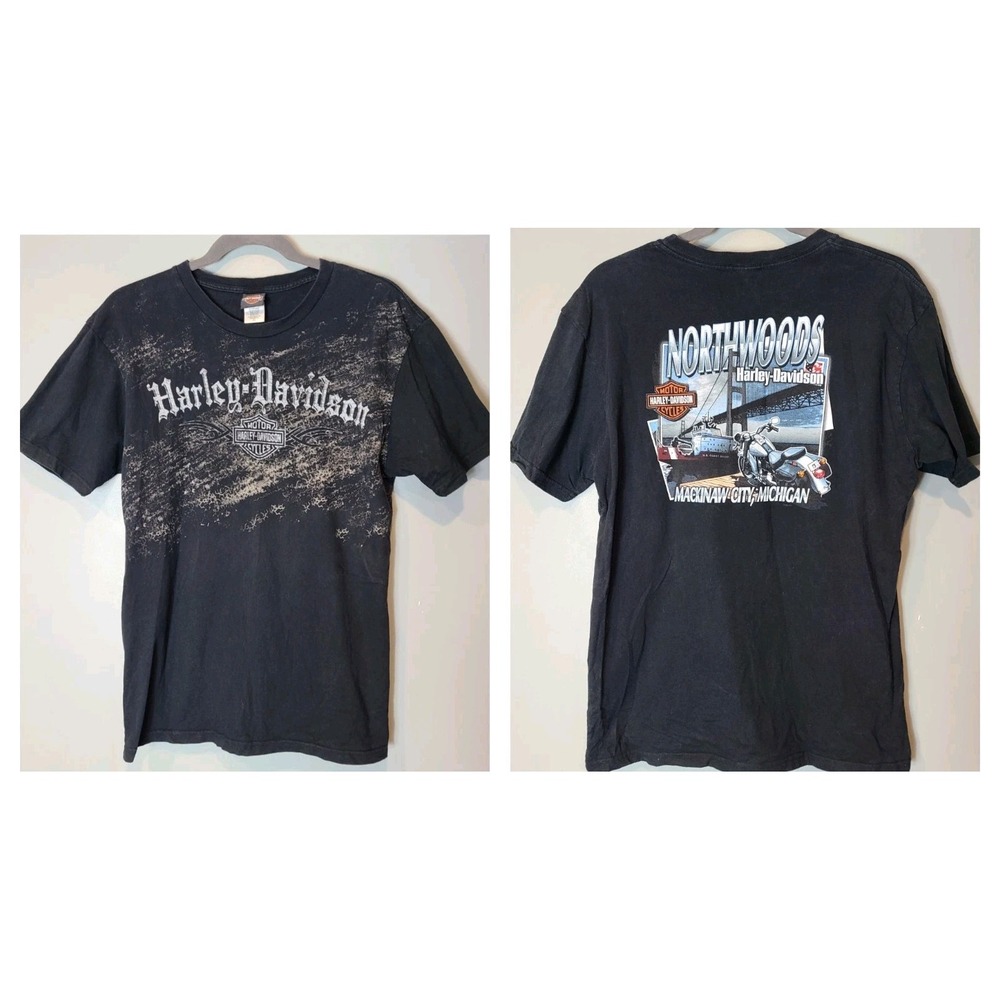 Harley Davidson Coast Guard‎ 2000s T Shirt Size XL Mackinaw City, MI Black Y2K